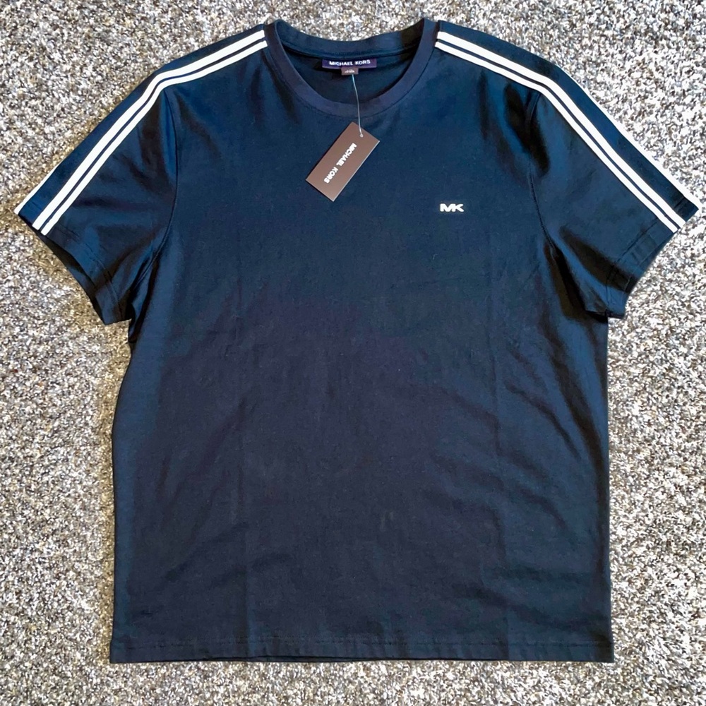NWT Michael Kors Black Crewneck T-Shirt with White Shoulder Stripes Size Mens L